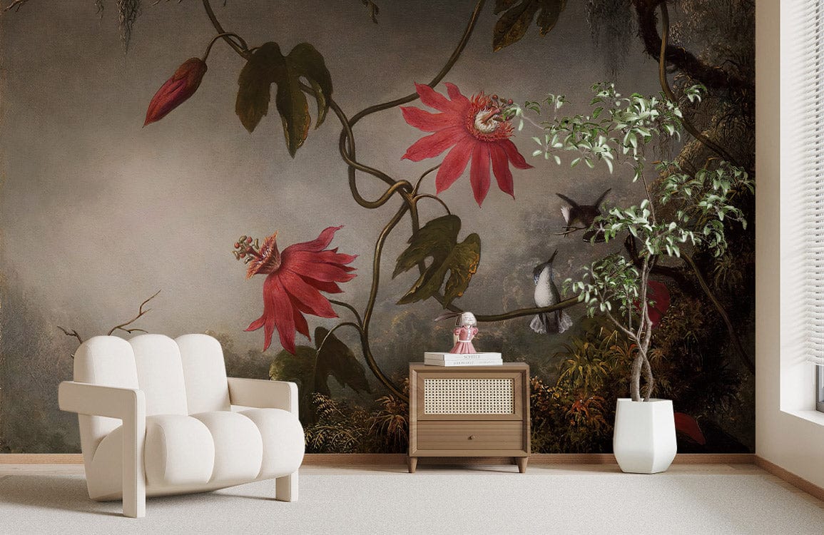 Cream sofa, light wood flooring, Vintage Botanical Mural Wallpaper, red flowers, hummingbirds, modern room.