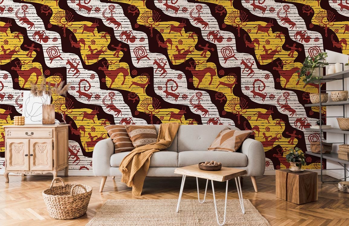 Rustic tribal patterned wallpaper with earthy tones, beige sofa, wooden flooring in contemporary living room.