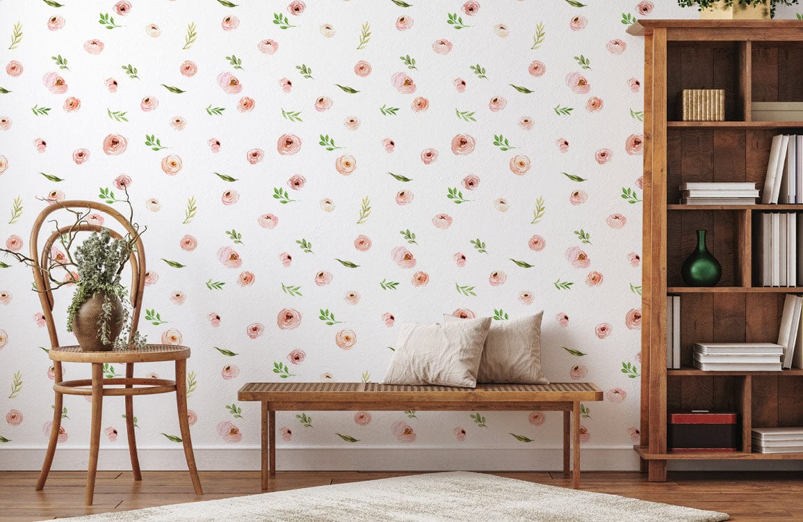 Pastel Floral Delight wallpaper in chic room with wooden furniture, light wall, and cushion bench.