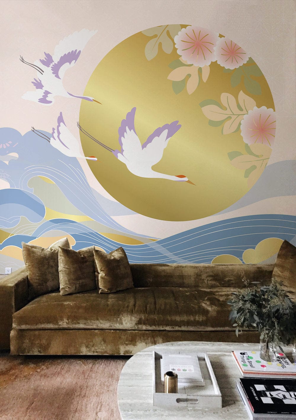 Elegant Oriental Birds Wallpaper in Pastel Gold Hues, featuring brown velvet sofa, wooden flooring.
