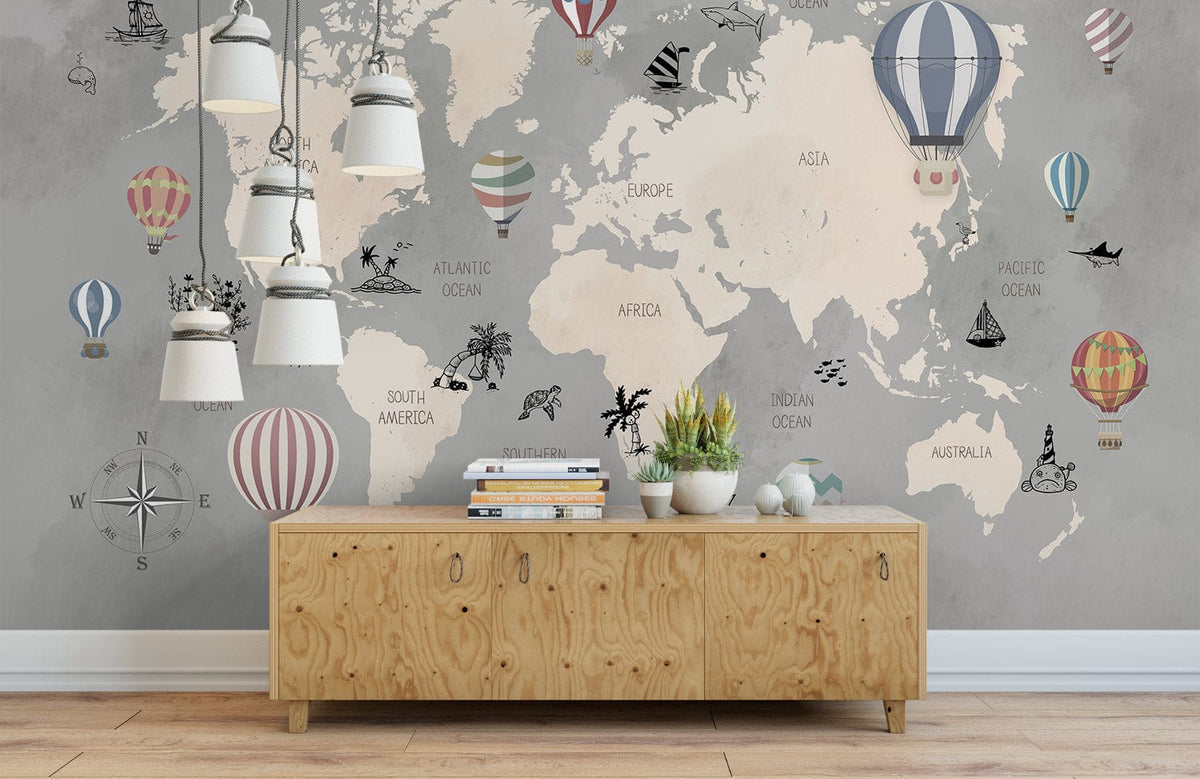 Vintage Adventure World Map Wallpaper with pastel hot air balloons, wooden sideboard, pendant lights, light flooring.