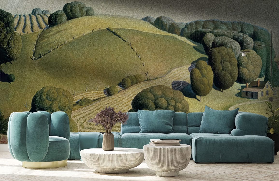 Countryside Charm vintage mural wallpaper, green tones, teal sofa, modern coffee tables in living room.