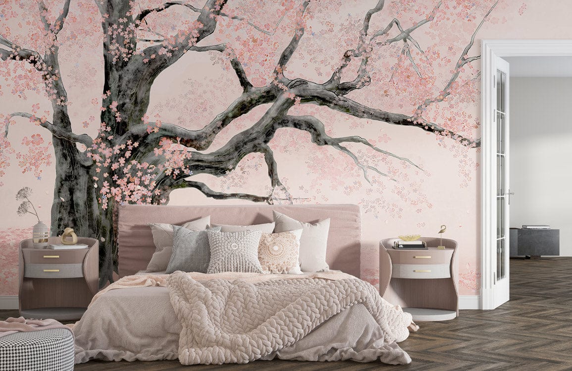 Elegant Cherry Blossom Mural Wallpaper in bedroom; soft pink, watercolour style, cosy bed, parquet flooring.