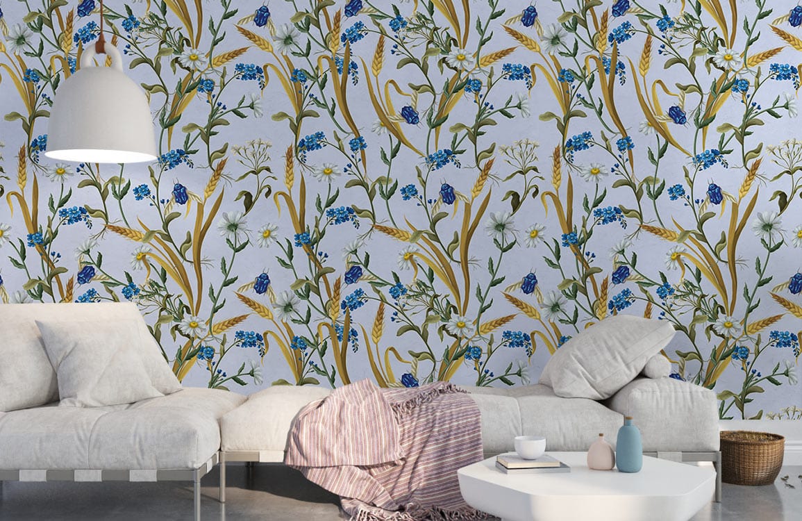 Elegant blue floral meadow wallpaper enhancing modern living room with white sofa, pendant light, and rug.