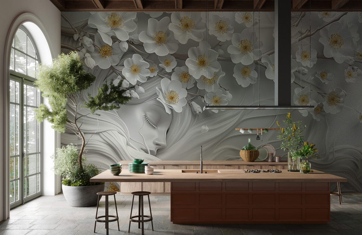 Luxurious kitchen with Tranquil Floral Dream wall mural, wooden island, grey floor, arched window, plants.