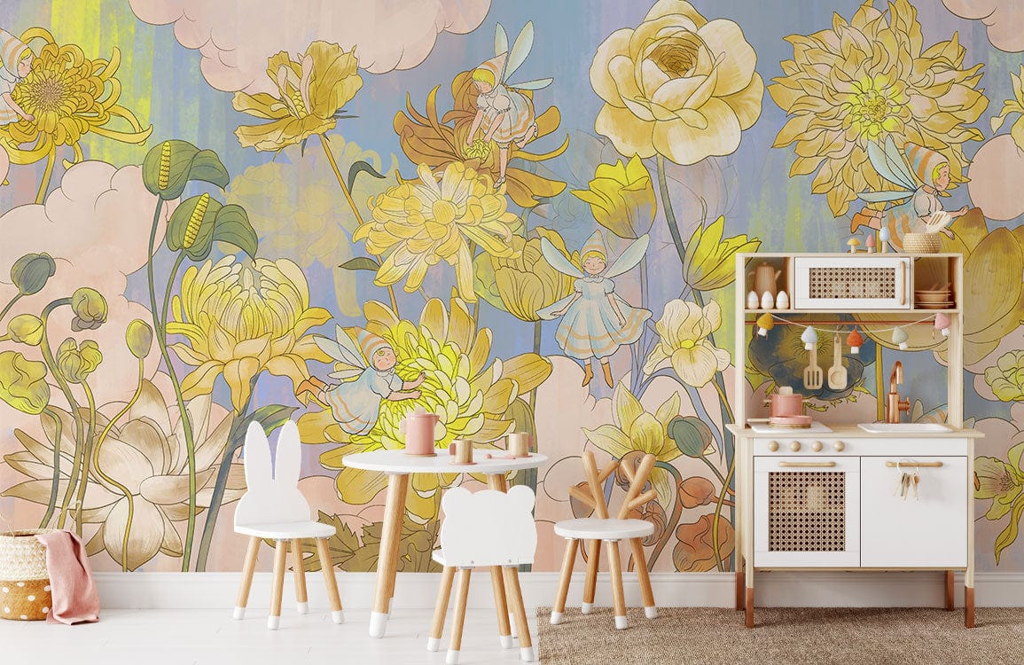 Golden Floral Bliss Mural Wallpaper in children's room with play kitchen and pastel decor elements.