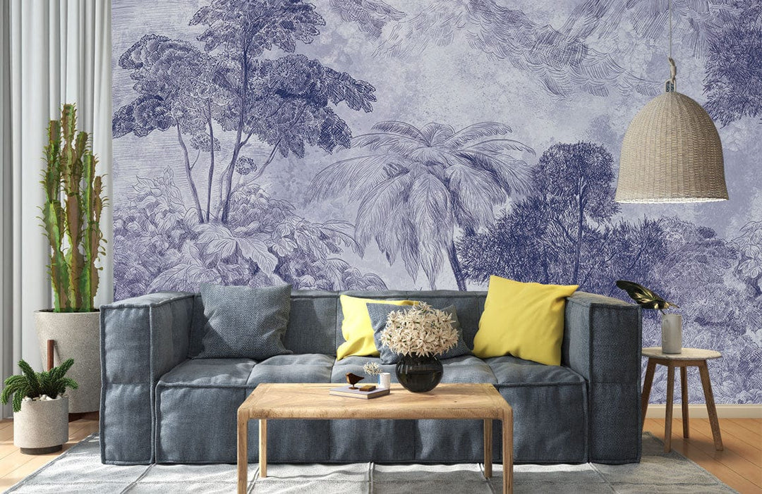 Vintage Blue Forest Mural Wallpaper, elegant nature-inspired design with grey sofa and modern wooden flooring.