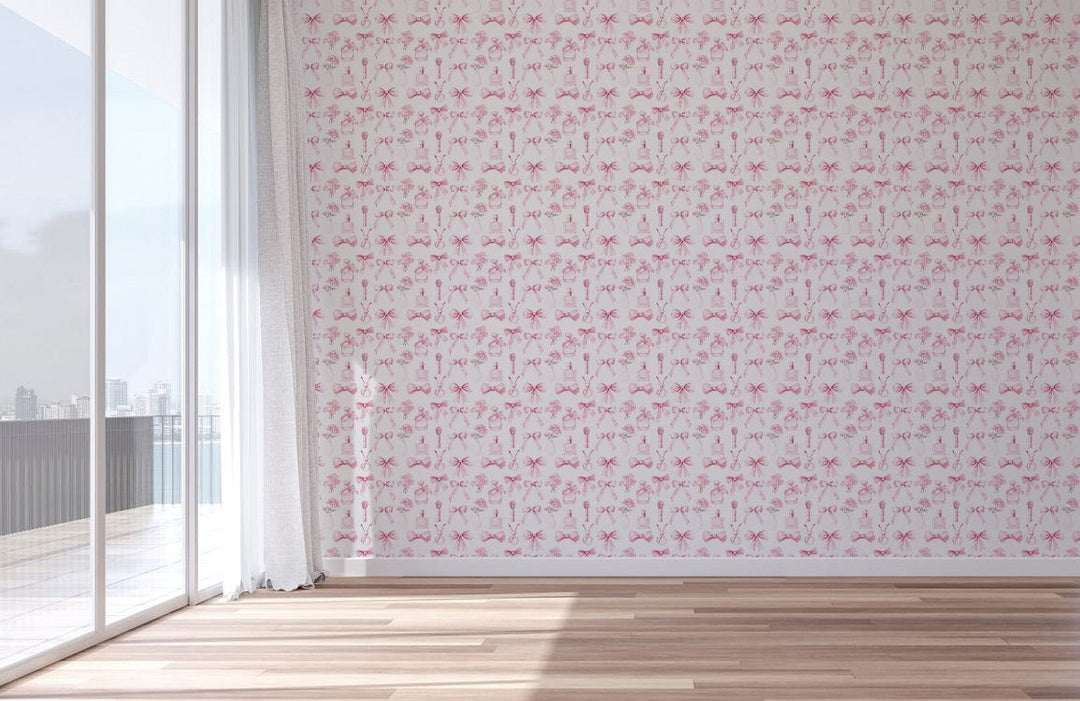 Elegant pink floral mural wallpaper in modern room with light wood flooring and large glass windows.