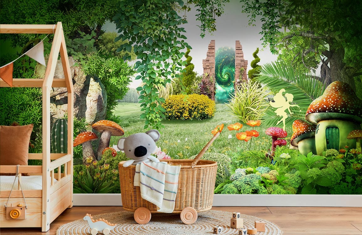 Enchanted Forest Mural with lush greenery in a child's room, wooden bed frame, and wicker basket.