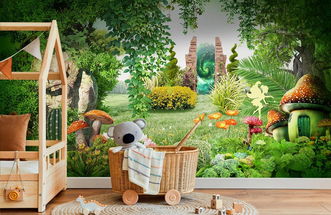 Enchanted Forest Mural with lush greenery in a child's room, wooden bed frame, and wicker basket.