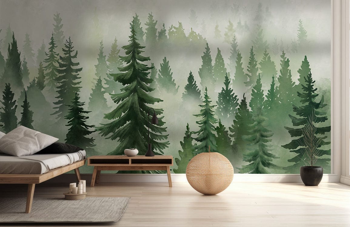 Serene Forest Mist wallpaper, minimalist room, wooden flooring, neutral sofa, modern coffee table, tranquil decor.