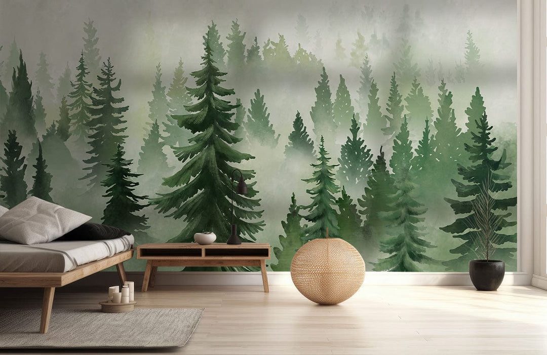 Serene Forest Mist wallpaper, minimalist room, wooden flooring, neutral sofa, modern coffee table, tranquil decor.