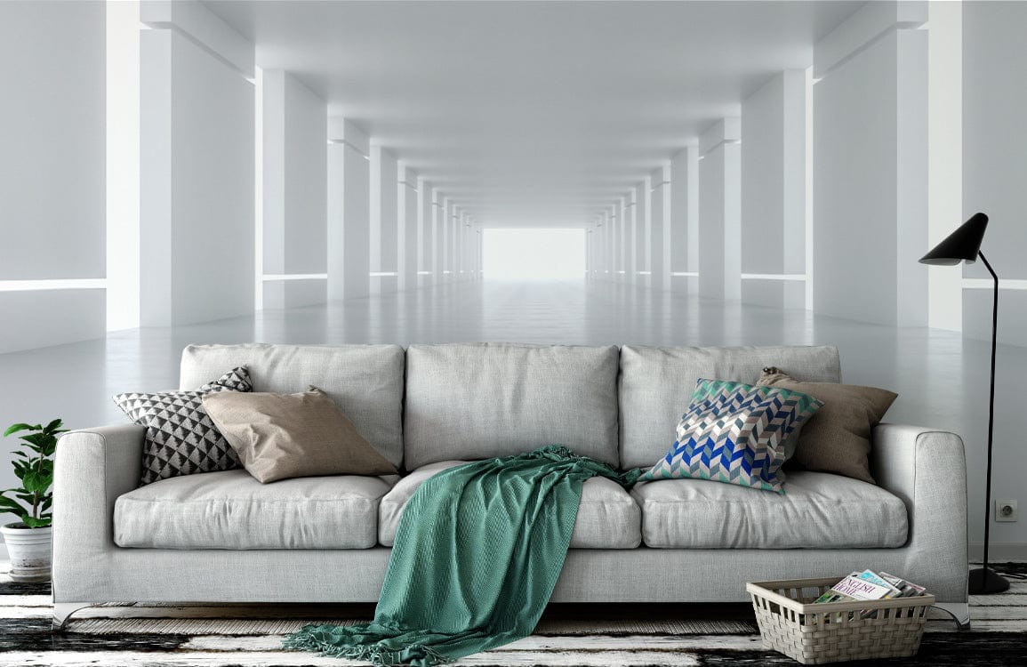 Modern living room with grey sofa, Minimalist Monochrome Architectural Illusion Mural Wallpaper, monochrome design.