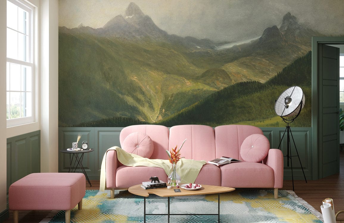 Serene Mountain Landscape Mural with pink sofa, artistic style in living room, warm-toned wooden flooring.