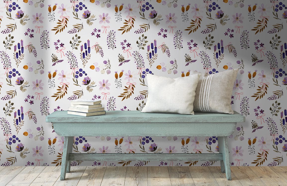 Elegant Wildflower Meadow wallpaper complements rustic bench in airy room with light wood flooring.