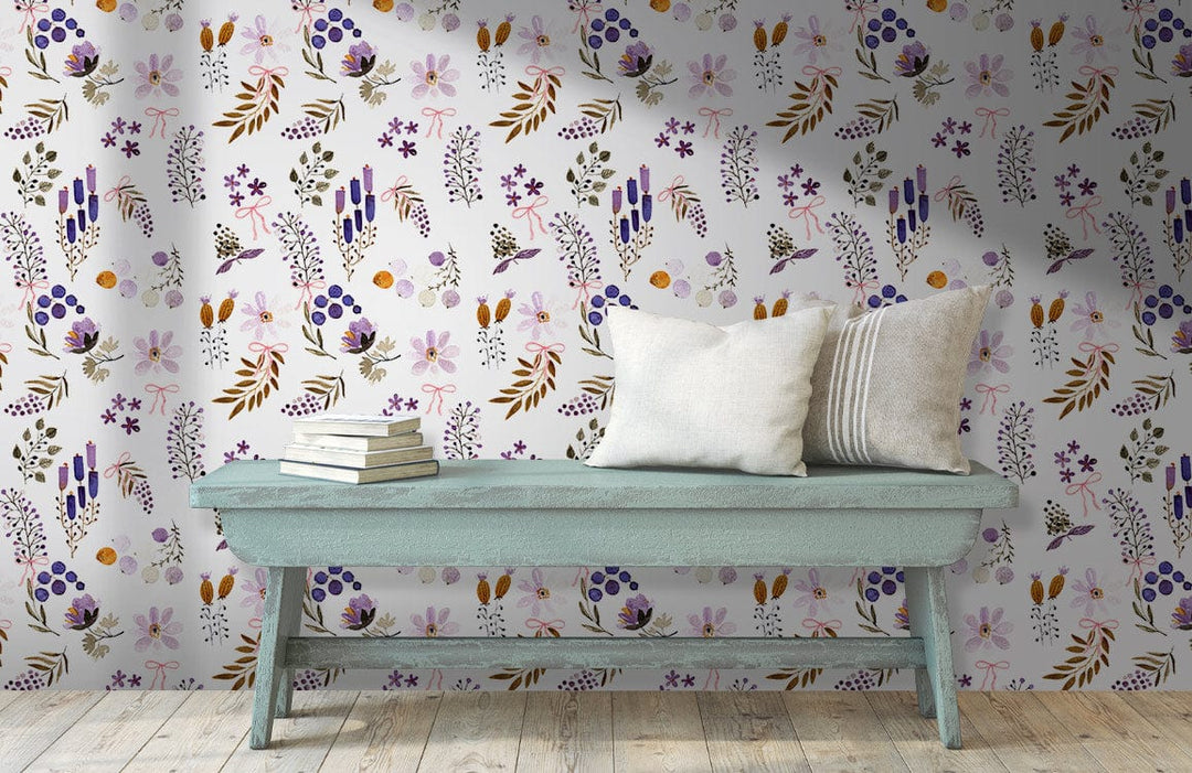 Elegant Wildflower Meadow wallpaper complements rustic bench in airy room with light wood flooring.