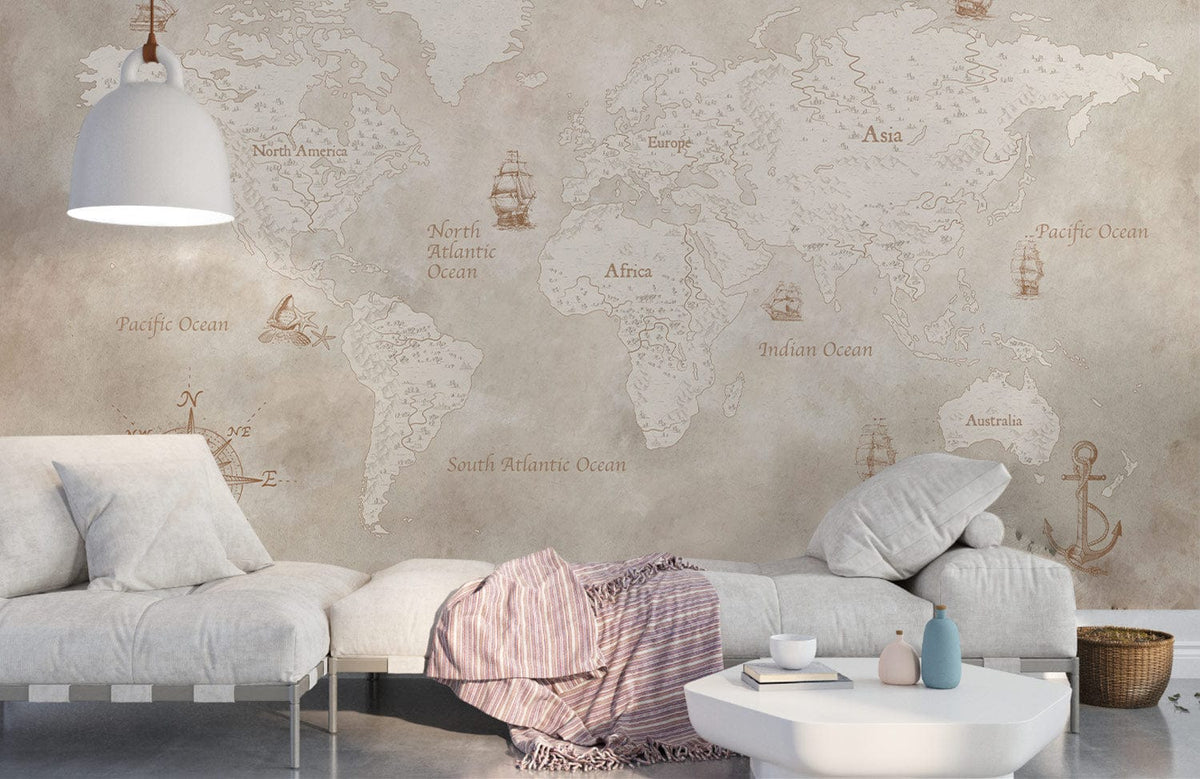 Vintage world map mural wallpaper, sepia tones, cosy white sofa, grey flooring, modern pendant lamp.