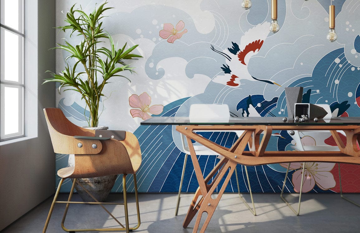 Stylish dining room with Elegant Japanese Wave Mural, wooden table, modern chair, and potted plant.