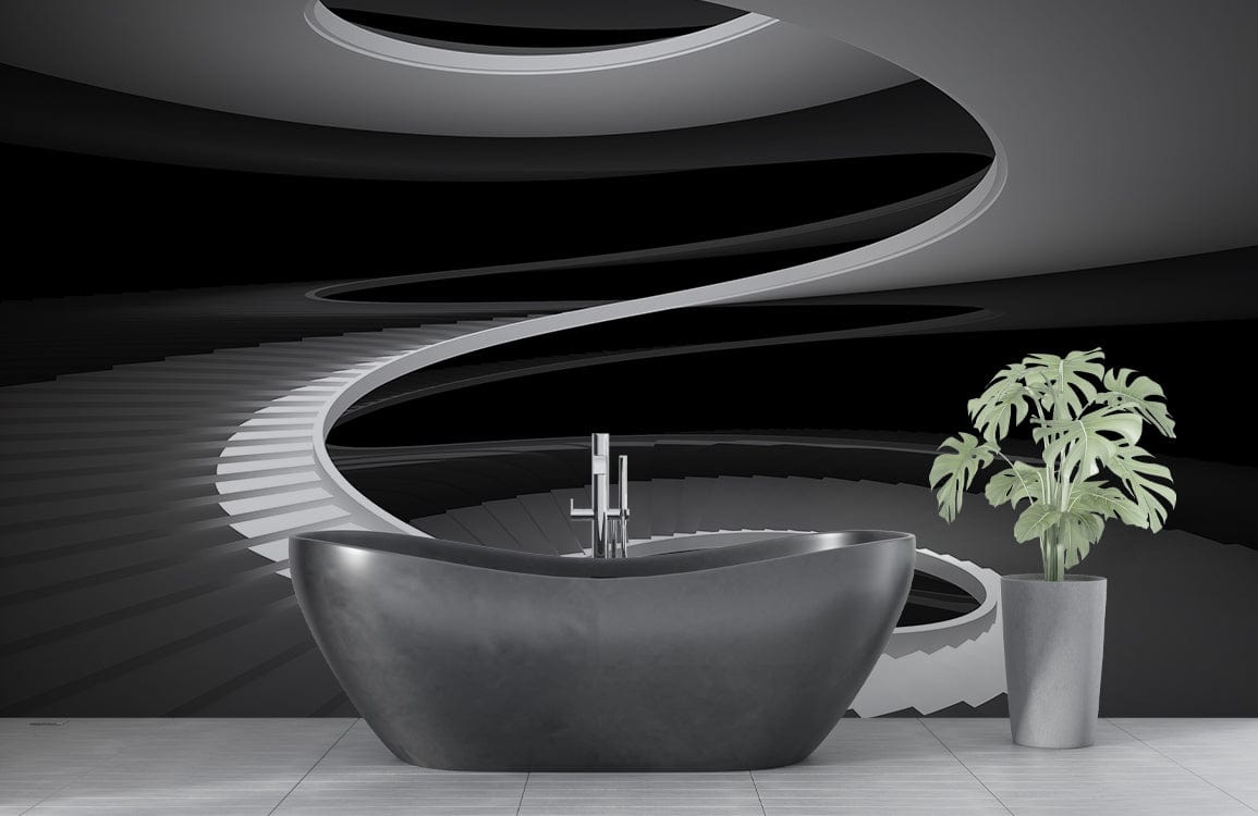 Elegant Monochrome Spiral Staircase Mural Wallpaper in modern bathroom with freestanding bathtub and plant.