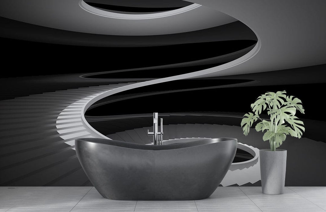 Elegant Monochrome Spiral Staircase Mural Wallpaper in modern bathroom with freestanding bathtub and plant.