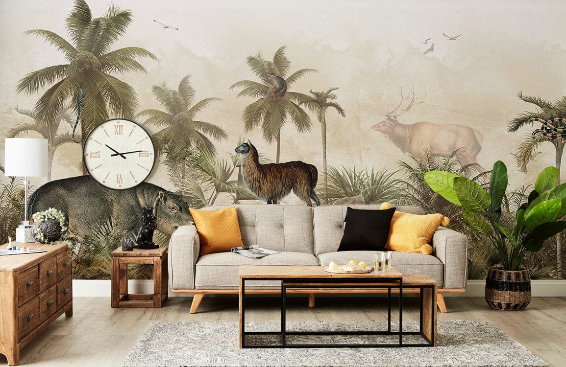 Vintage Jungle Safari Mural Wallpaper in living room with grey sofa, wooden furniture, and exotic decor.