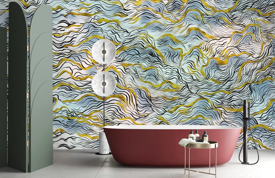 Elegant blue, gold abstract waves wallpaper mural in modern bathroom with maroon tub, green screen, stylish floor.