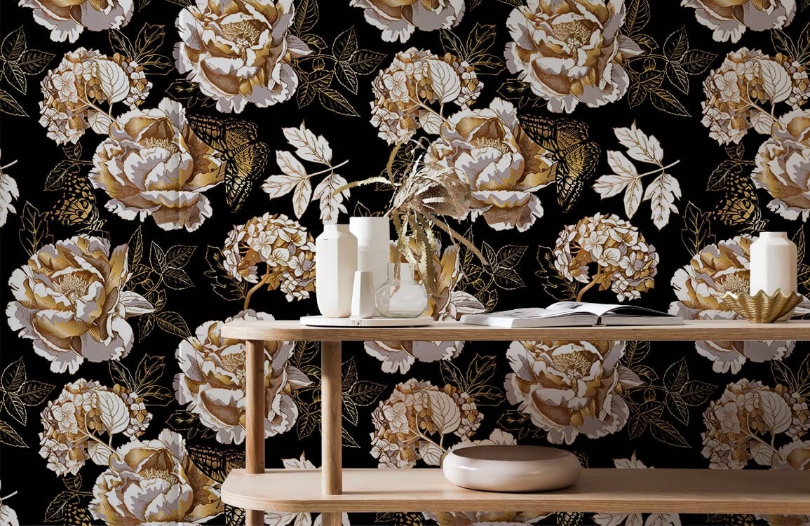 Elegant vintage floral wallpaper with gold and cream roses, wooden table complementing the design beautifully.