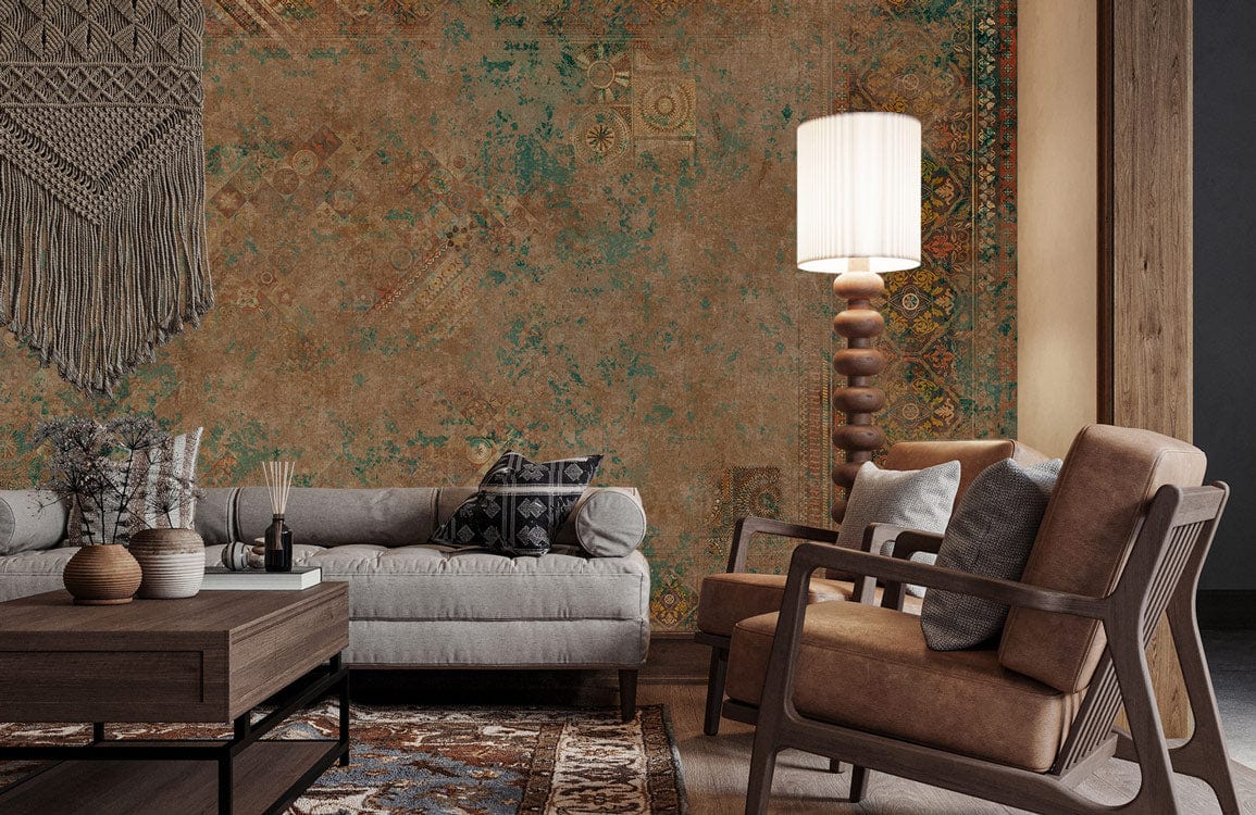Vintage earth-toned ornamental wallpaper in chic living room, brown armchair, light sofa, modern lamp.
