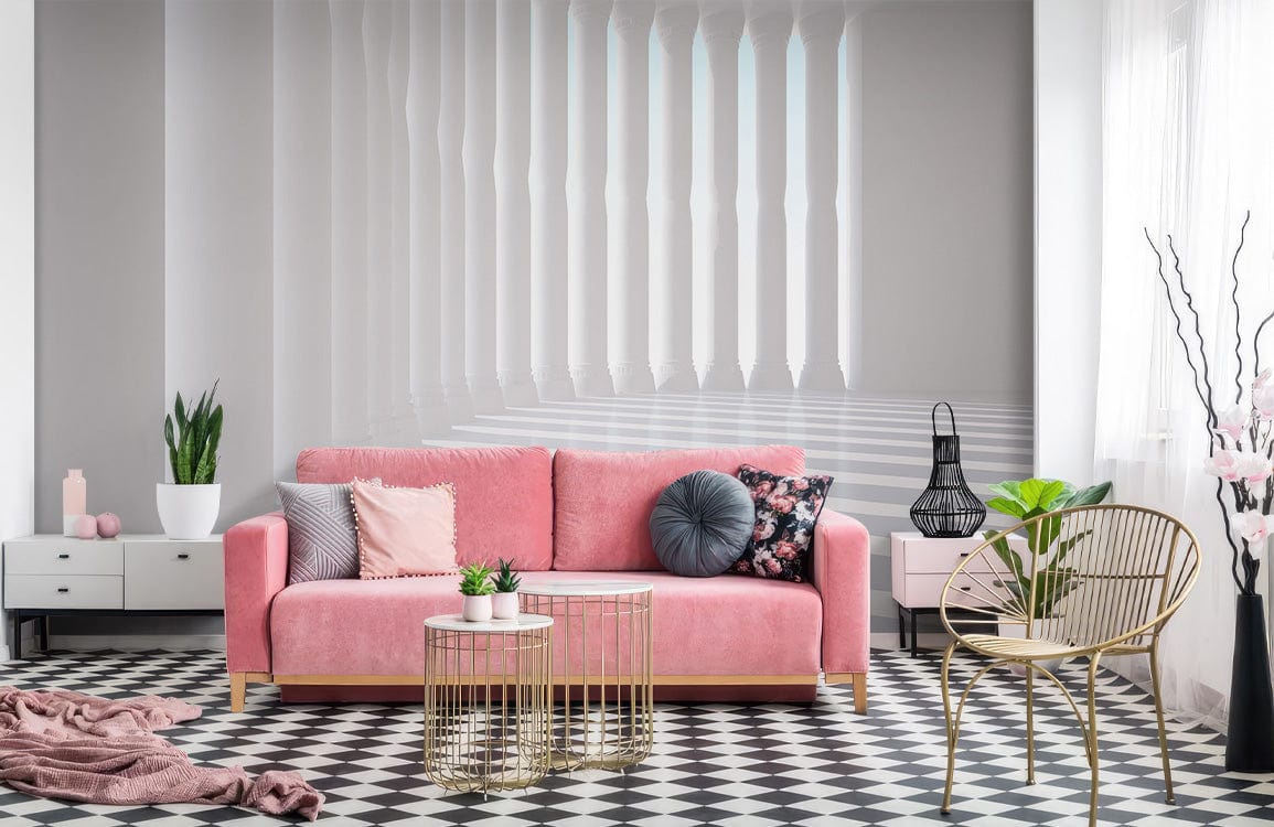 Elegant White Column Shadows Wallpaper in modern living room with pink sofa, geometric flooring, accent chair.