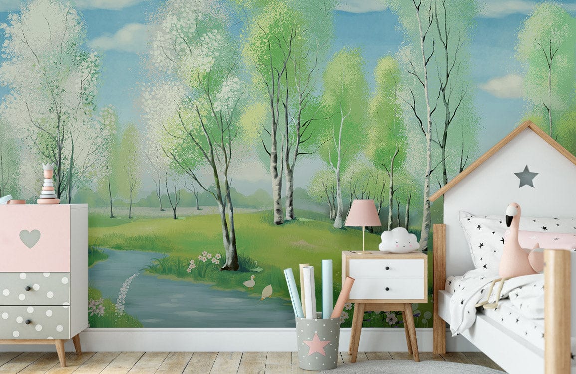 Tranquil Spring Birch Forest mural in nursery; pastel green trees, wooden flooring, cute furniture.