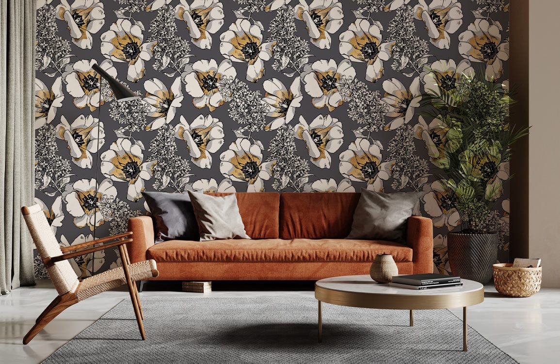 Elegant grey floral wallpaper, brown sofa, wicker chair, grey rug, modern living room decor.