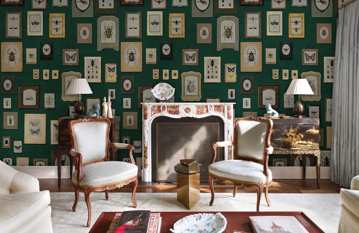 Vintage Insect Gallery Green Wallpaper in living room, retro chairs, ornate fireplace, elegant decor.