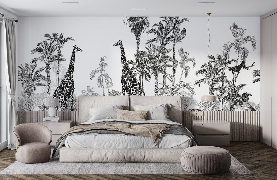Tropical Safari monochrome wallpaper featuring giraffes, palm trees in bedroom with beige bed and chevron flooring.