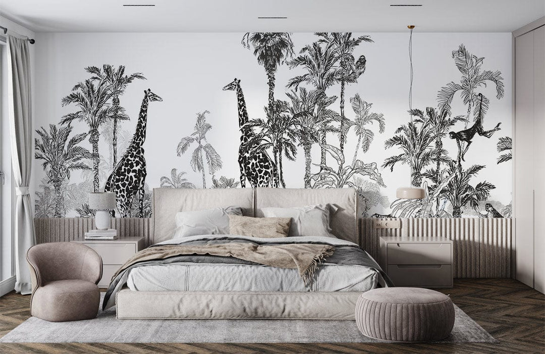 Tropical Safari monochrome wallpaper featuring giraffes, palm trees in bedroom with beige bed and chevron flooring.