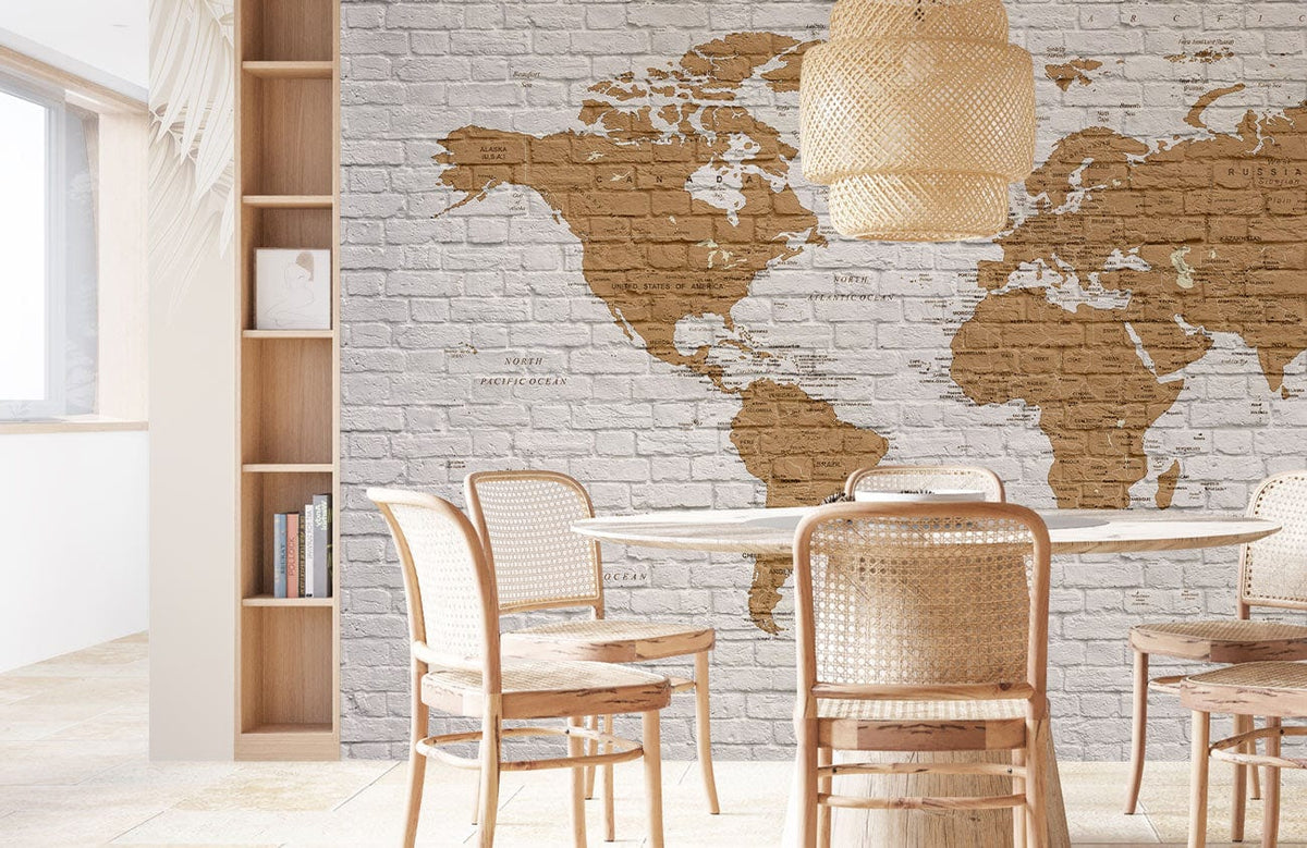 Dining room with Vintage Brick World Map Mural Wallpaper, rustic brown design, wicker chairs, light decor.