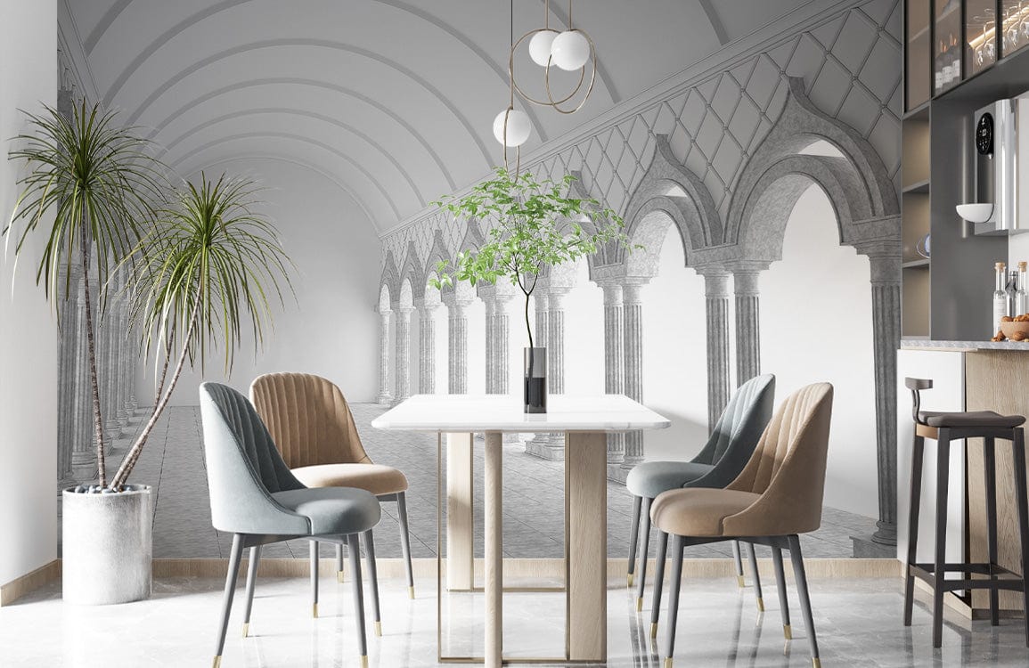 Gothic archway mural wallpaper in monochrome grey, modern dining room with stylish chairs, marble flooring.