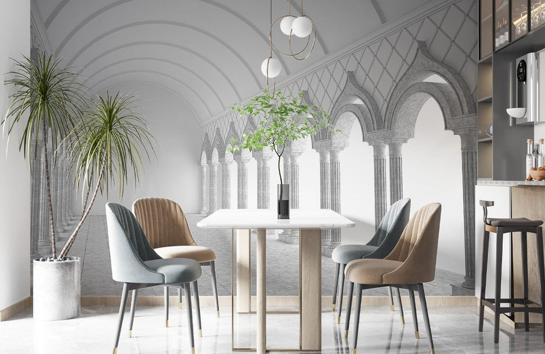 Gothic archway mural wallpaper in monochrome grey, modern dining room with stylish chairs, marble flooring.