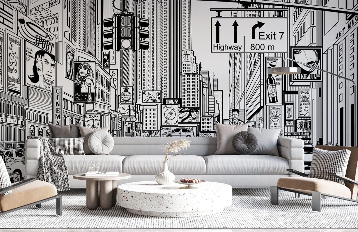 Monochrome urban cityscape mural wallpaper; grey sofa, modern chairs, round coffee tables, cosy living room.