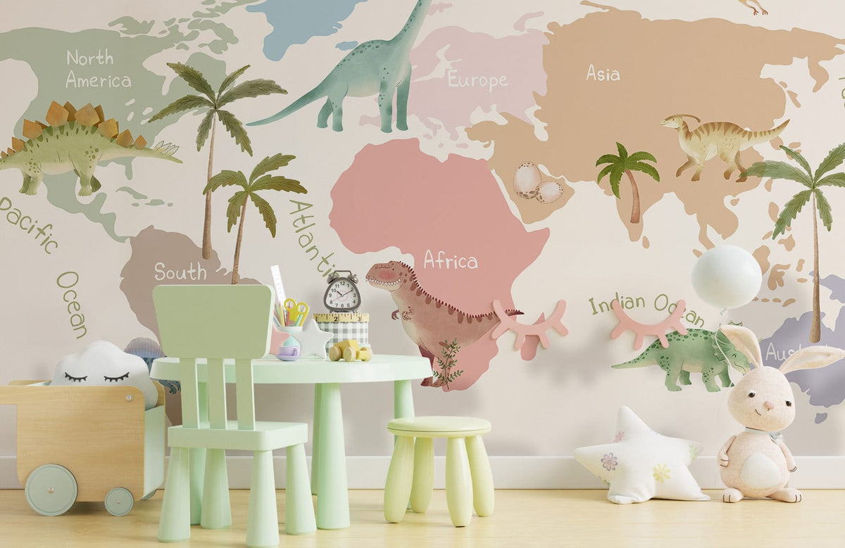 Colourful Children's Dinosaur World Map Mural Wallpaper in nursery with wooden flooring, mint chairs, toys.