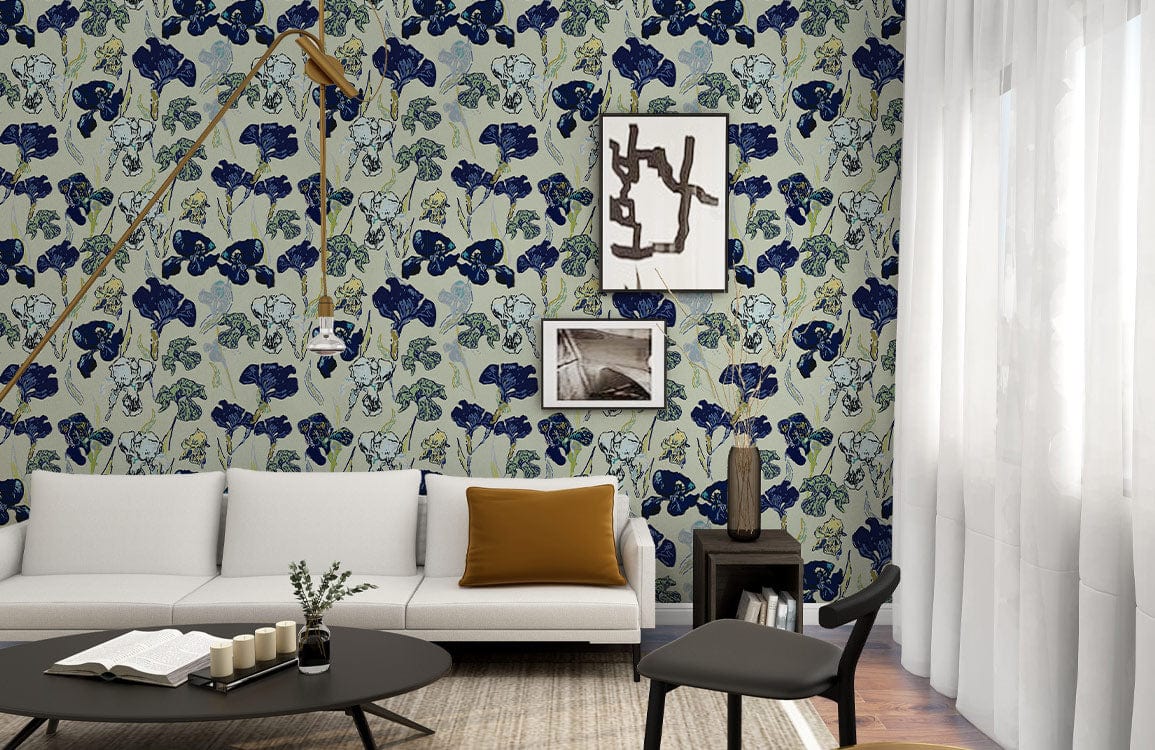 Elegant Botanical Berries Blueprint Wallpaper in modern living room with white sofa, artistic decor.