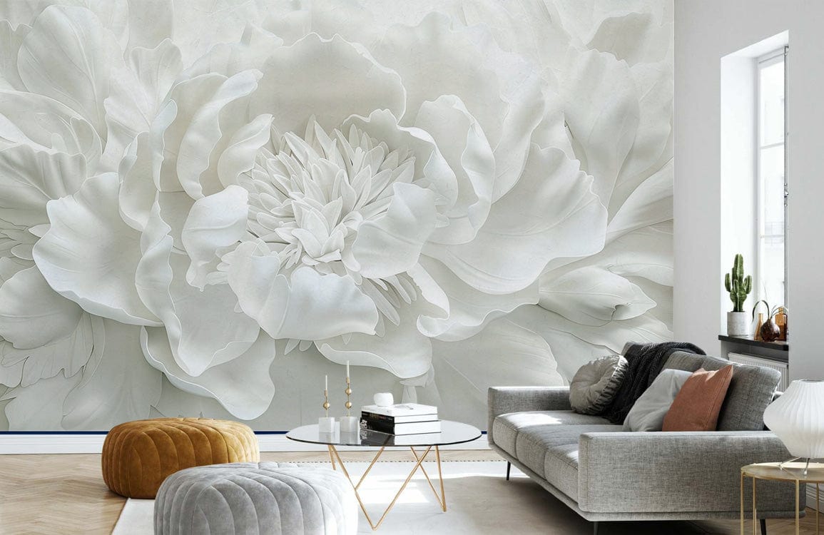 Elegant 3D white floral mural wallpaper in living room with grey sofa, modern coffee table, and pouffes.