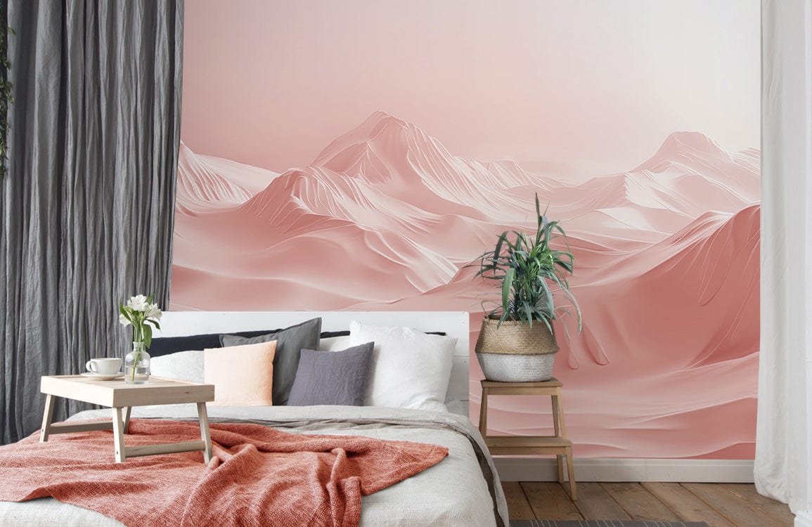 Blush Desert Dreamscape Wallpaper, elegant pink mural in minimalist bedroom, grey curtains, wooden flooring.
