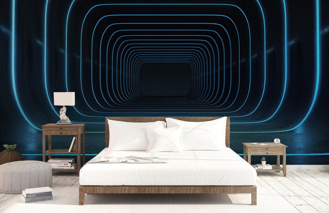 Futuristic Blue Neon Tunnel Mural Wallpaper, featuring modern bedroom furniture and wooden bed.