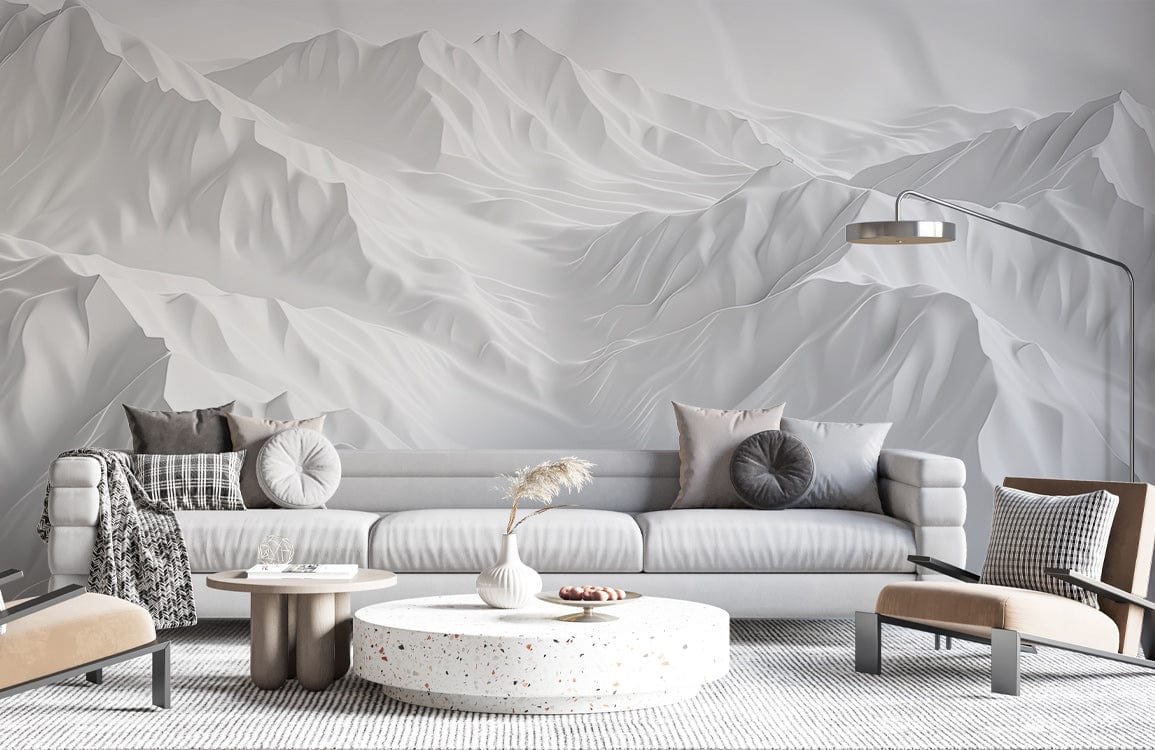 Elegant White 3D Mountain Landscape Wallpaper in modern lounge with grey sofa and contemporary decor.