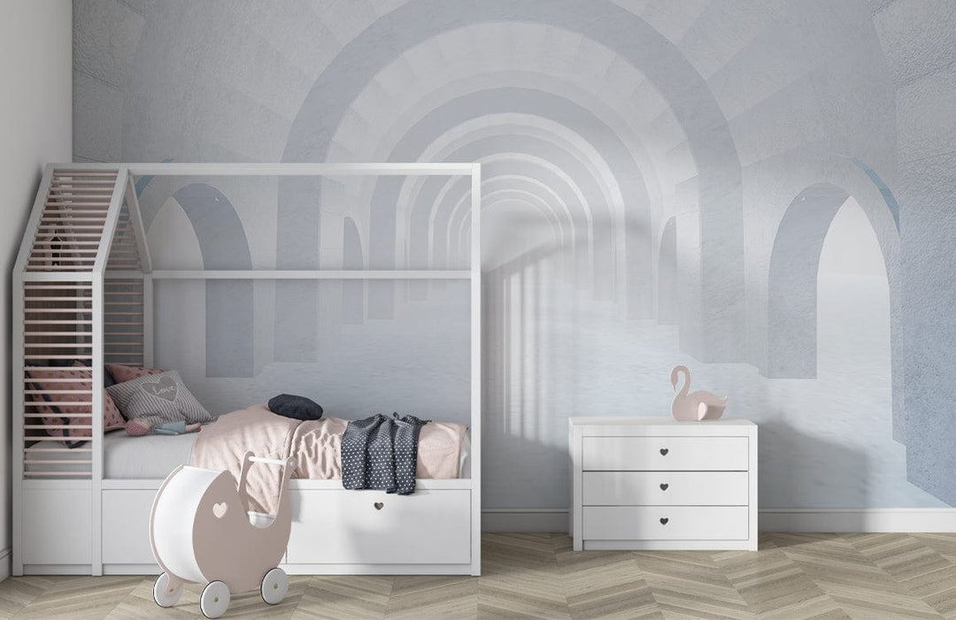 Elegant Soft White Archway Pattern 3D Mural Wallpaper in kid's room with stylish bed and drawers.
