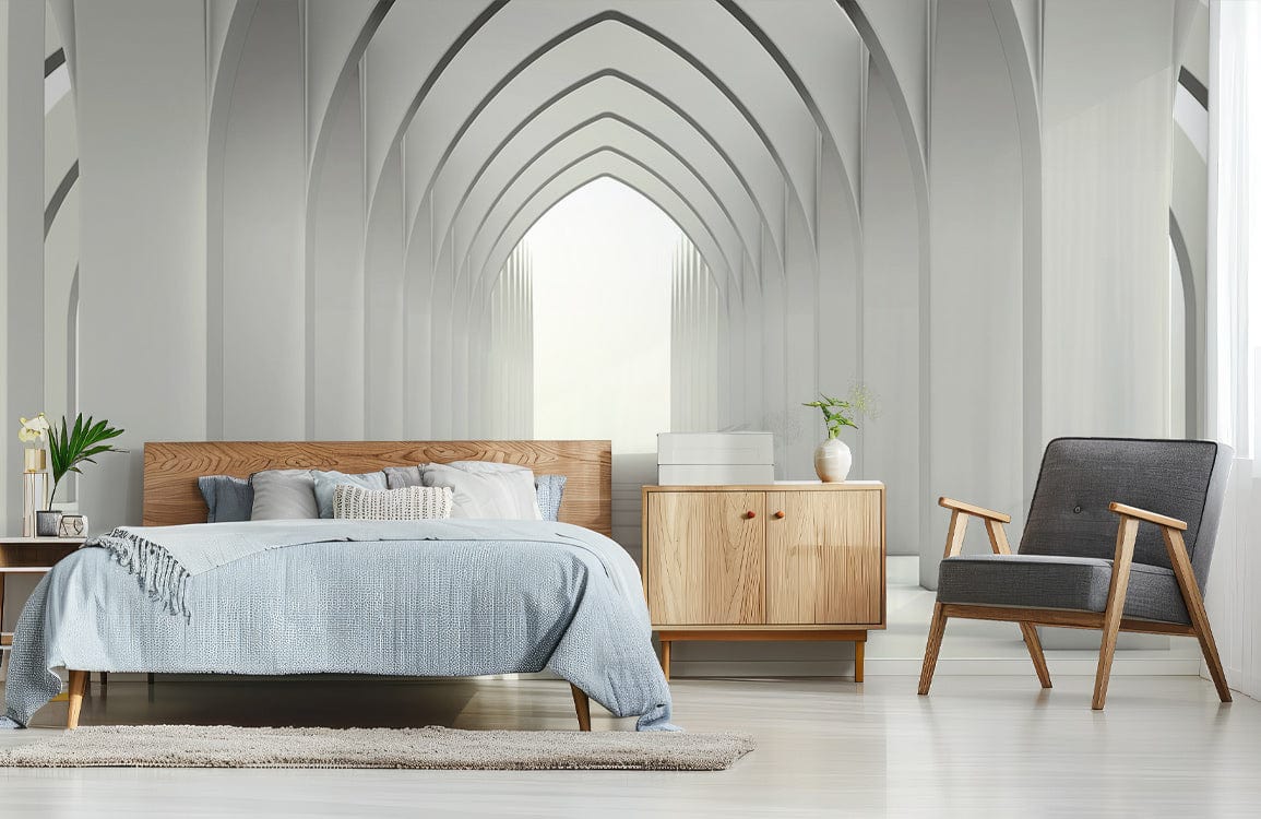 Elegant Monochrome Gothic Archway Mural in modern bedroom with grey armchair, wooden furniture, light flooring.