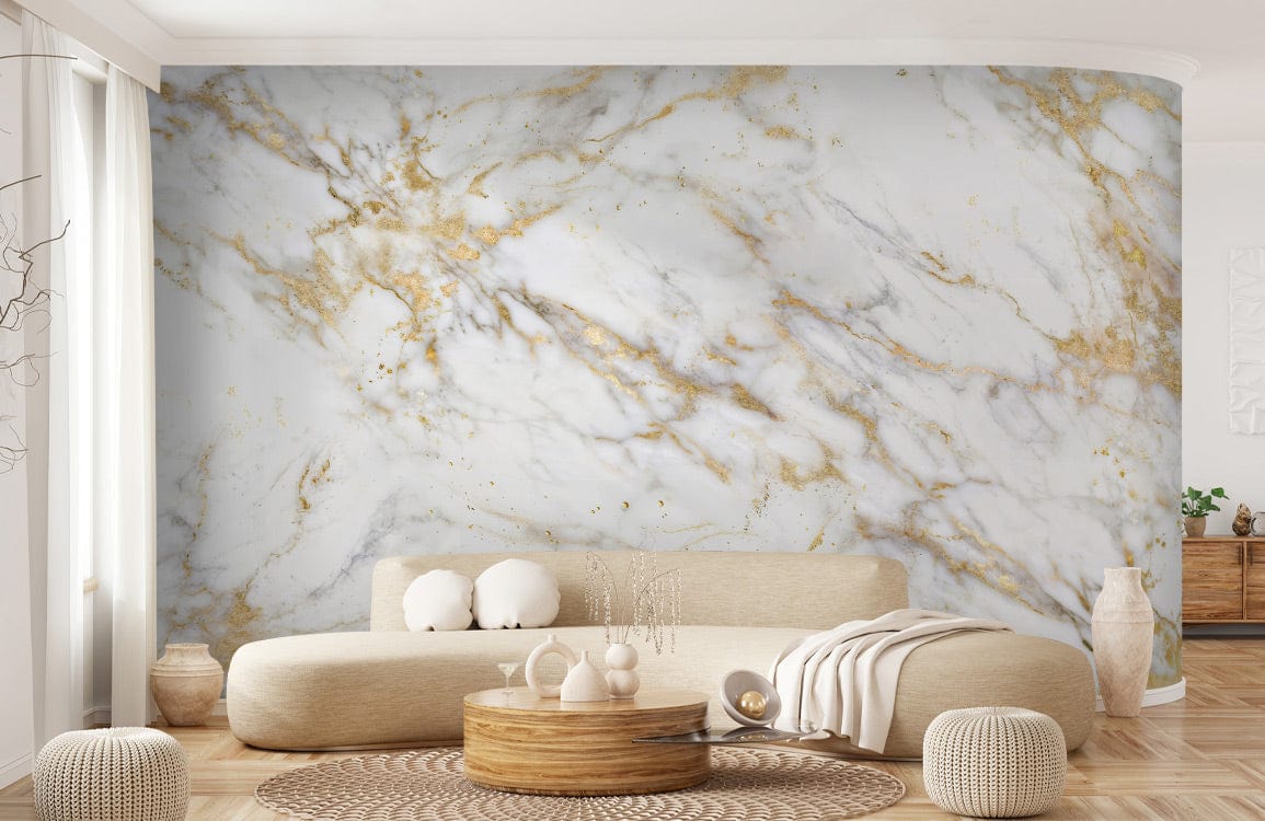 Elegant mural wallpaper with luxurious white and gold marble effect, cream sofa, in stylish living room.