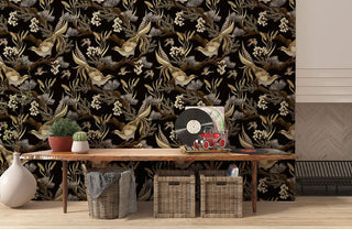Flowers & Birds on Black Wallpaper Mural