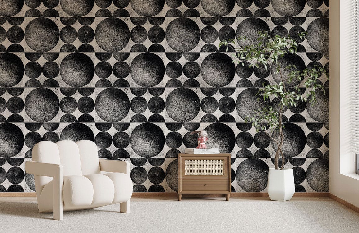 Monochrome Geometric Spheres wallpaper, beige armchair, wooden cabinet, modern living room design.