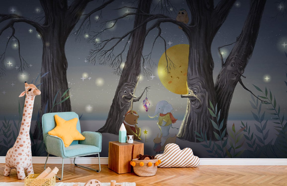 Enchanted Woodland Creatures Mural: Moonlit Scene Wallpaper in children's room with blue chair, wooden floor.